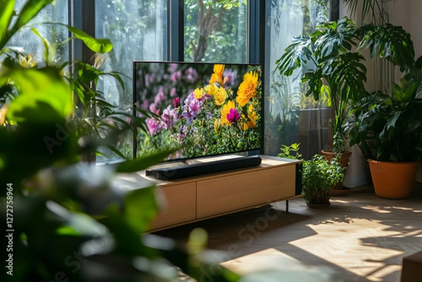 Fototapeta A modern living room with a flat-screen TV on a sleek wooden stand, surrounded by lush plants and vibrant flowers. Morning sunlight pours in, creating a warm, cozy atmosphere ideal for comfort.