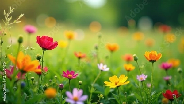 Fototapeta Colorful wildflowers blooming in a lush green field, wildflowers, rustic