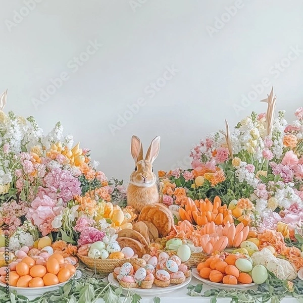 Obraz Festive Spring Table Setting with Rabbit Flowers and Treats