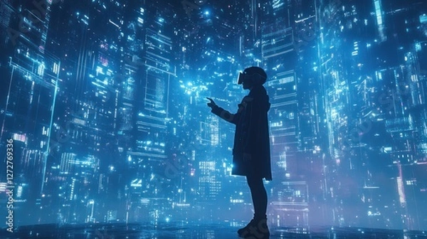 Fototapeta A person in a VR headset explores a futuristic digital landscape.