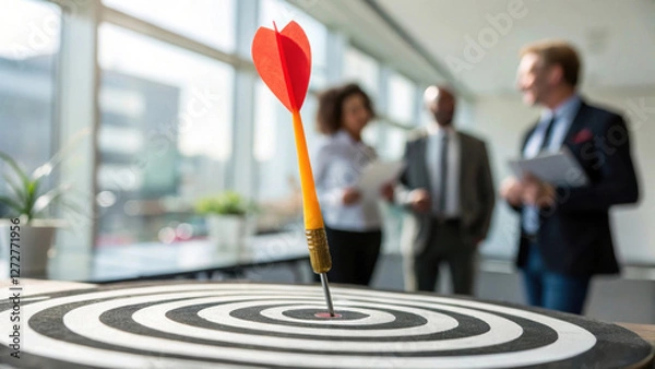 Fototapeta Strategic planning dashboard. Business Goal and Success. Close-up of a dart in the bullseye, symbolizing strategic planning and business success.