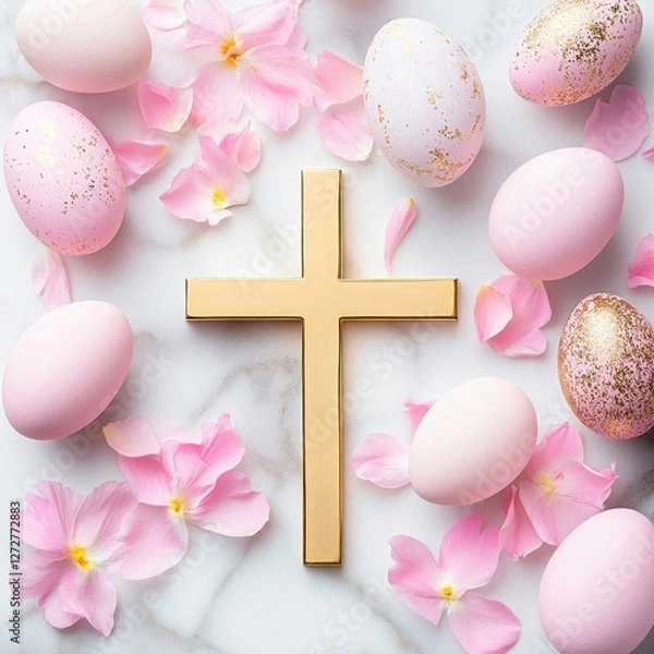 Obraz Pastel Pink Easter Eggs Gold Cross Flowers on Marble