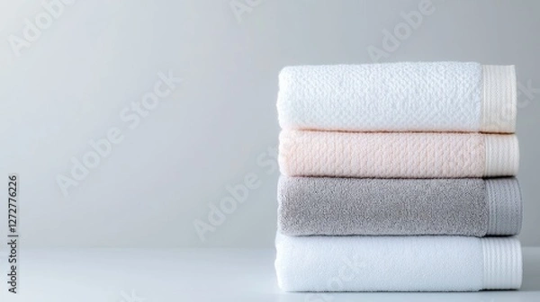 Fototapeta Stacked soft towels on white surface, simple background