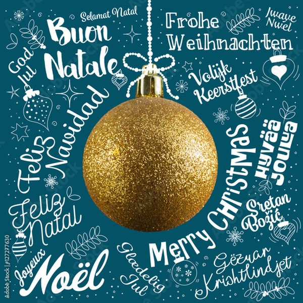 Fototapeta Merry Christmas greetings card from world in different languages with golden ball tree, calligraphic text and font handwritten lettering