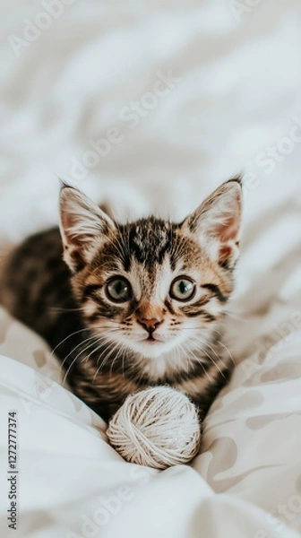 Fototapeta Playful kitten resting on soft bedding with a yarn ball in a cozy indoor setting