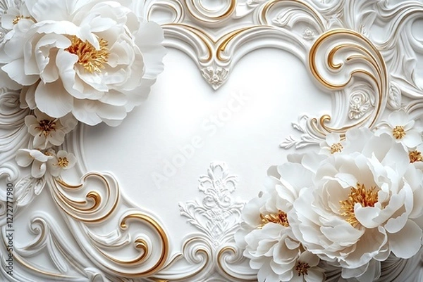 Fototapeta Baroque Women's Day design with baroque heart swirls and baroque white peonies on a lavish white backdrop.