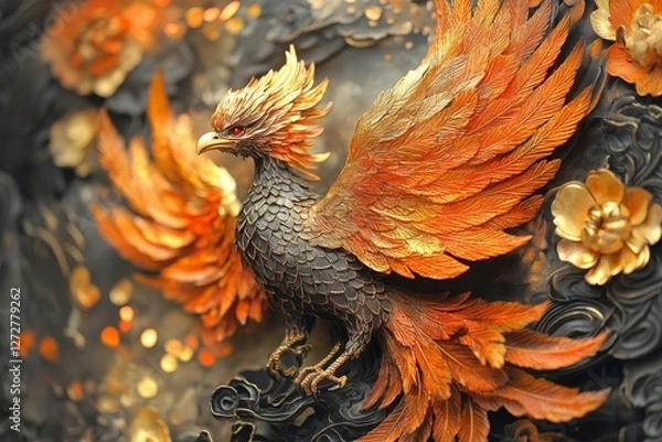 Fototapeta mythical phoenix rising from its fiery ashes, Generative AI