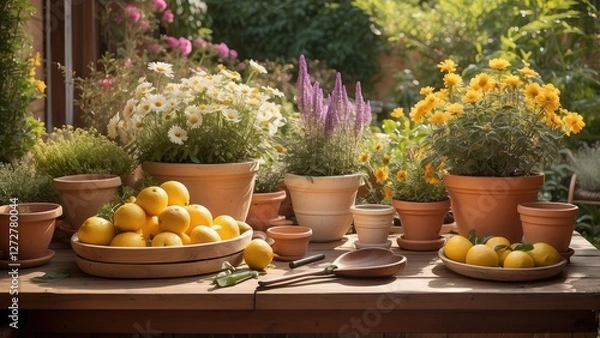 Fototapeta View of backyard garden in digital art style