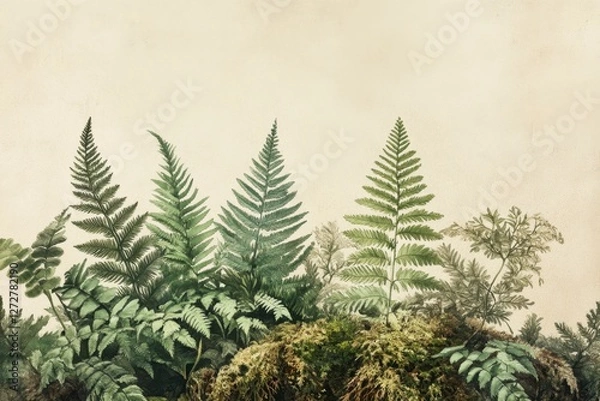 Fototapeta Lush Green Ferns on Mossy Background in Serene Natural Setting