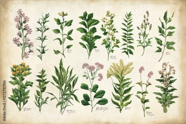 Obraz Beautiful collection of floral botanical illustrations on vintage paper