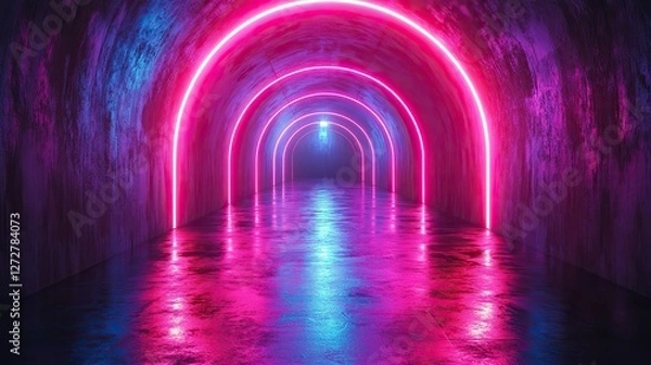Obraz 3d render of abstract neon background with glowing lines,floor reflection in dark room