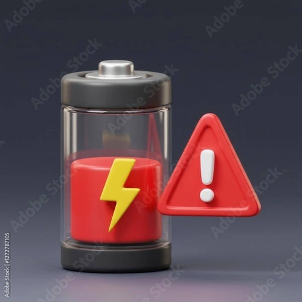 Fototapeta Low Battery Warning Notification with Exclamation Mark on Dark Background