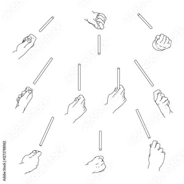 Obraz 細い棒を持つ手のセット　白黒のベクターイラスト。