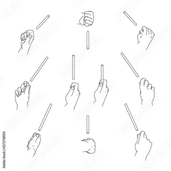 Obraz 細い棒を持つ手のセット　白黒のベクターイラスト。