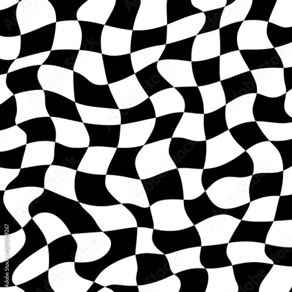 Fototapeta Abstract Black and White Wavy Checkered Pattern Background Modern Distorted Chessboard Optical Illusion.