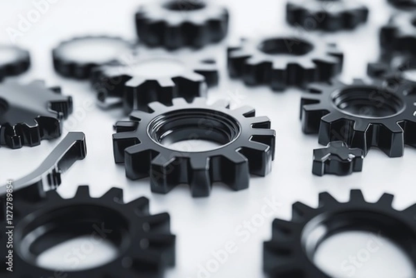 Obraz Black Gears on White Background for Industrial and Engineering Use