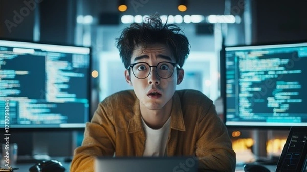 Obraz A software developer battling with code in a sleek, modern office. Featuring glowing screens showing errors and bug reports