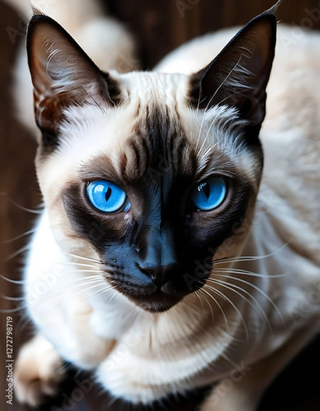 Obraz Close-Up of a Siamese Cat from Above, Highlighting Its Striking Features