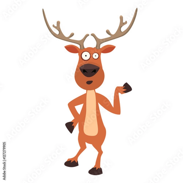 Fototapeta Cute moose, funny cartoon reindeer character showing with hand.