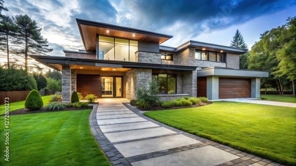 Fototapeta A modern house standing amidst a lush green lawn with a winding stone pathway leading to the front door , contemporary architecture, modern home