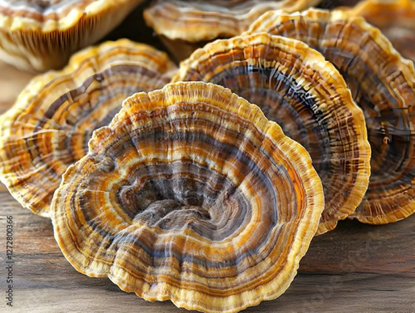 Fototapeta Dried medicinal mushrooms on wooden surface. Close-up. Possible use for health products