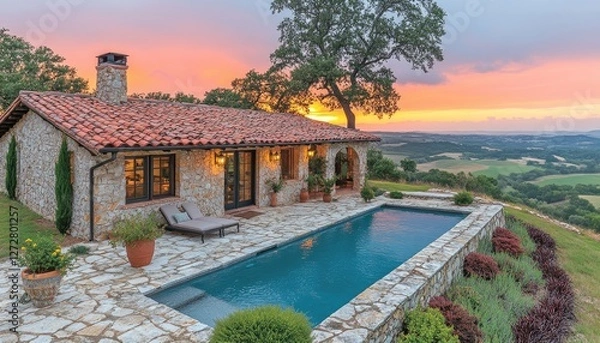 Obraz Stone house with pool at sunset; Tuscan-style villa overlooking scenic landscape, ideal for luxury real estate or travel.