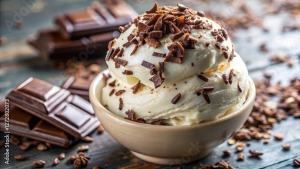 Fototapeta A close-up shot of creamy stracciatella gelato with chocolate shavings on top, highlighting its smooth texture and rich flavor, frozen treat, chocolate