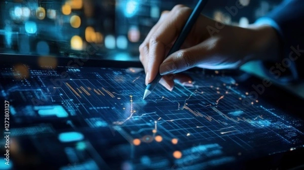 Fototapeta Person analyzing data on digital tablet at night