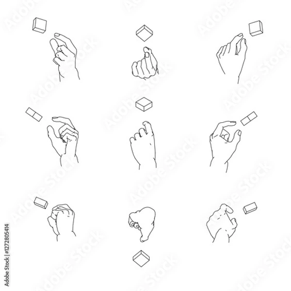 Obraz つまむ手のイラストのセット。白黒のベクターイラスト。