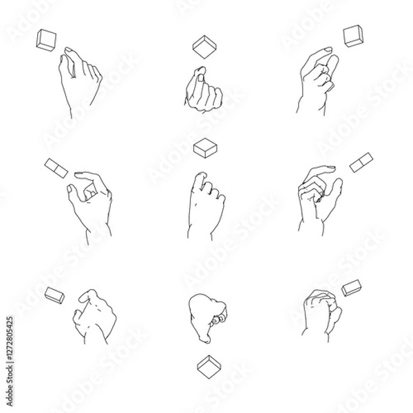 Obraz つまむ手のイラストのセット。白黒のベクターイラスト。