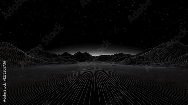 Fototapeta Dystopian Future Landscape Grid Mountains Dark Night Sky Stars Cyberpunk Noir Wireframe Horizon Illusion.