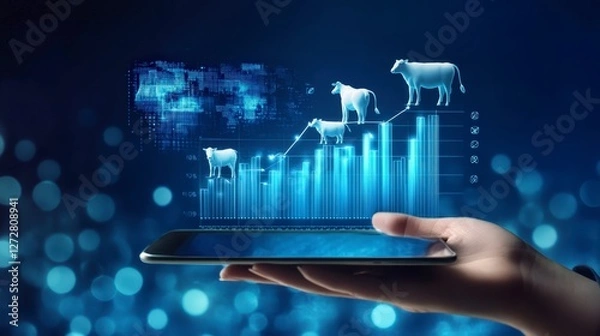 Obraz Digital Farming Technology Graph with Smart Device and Cattle