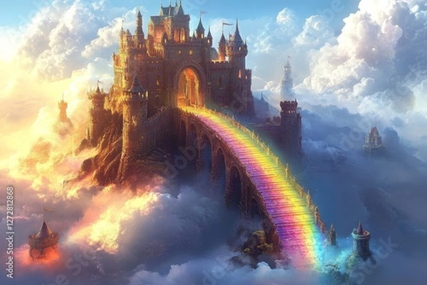 Fototapeta fantasy illustration of a castle in the clouds connected by rainbow bridges, Generative AI
