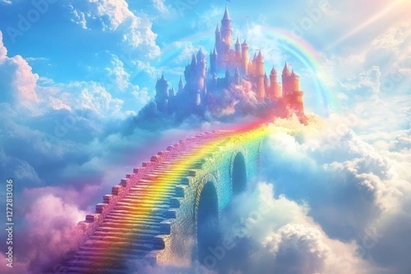 Fototapeta fantasy illustration of a castle in the clouds connected by rainbow bridges, Generative AI
