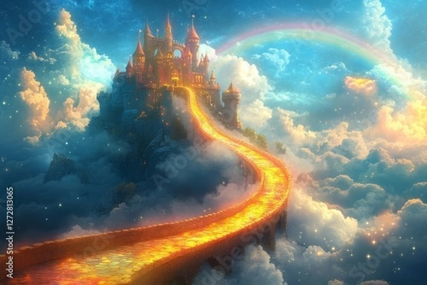 Fototapeta fantasy illustration of a castle in the clouds connected by rainbow bridges, Generative AI