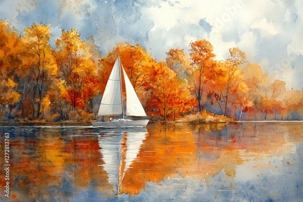 Fototapeta watercolor painting of a sailboat gliding across a calm lake surrounded by autumn trees, Generative AI