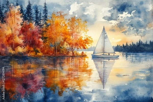Fototapeta watercolor painting of a sailboat gliding across a calm lake surrounded by autumn trees, Generative AI