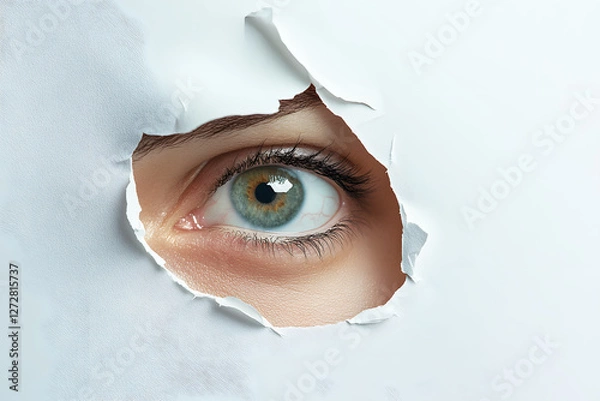Fototapeta Eye spy peeking through hole in cardboard white paper. Detective or spying concept. Looking through torn paper hole. Peeking from behind the torn hole cardboard paper.