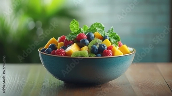 Fototapeta Fresh fruit salad served in a blue bowl. This colorful mix includes berries, kiwi, and mango. A healthy treat for all occasions. Generative AI