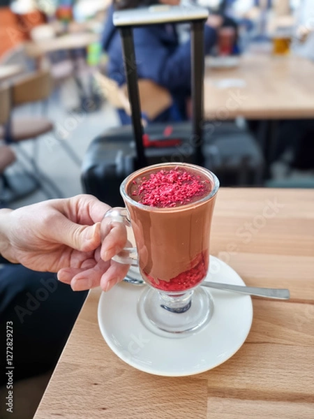 Obraz Unrecognisable person enjoying a beautiful cup of hot chocolate with raspberry on top and in the drink