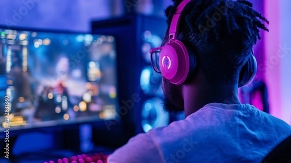 Obraz Gamer in Headphones Engaged in Online Gameplay in Colorful Room