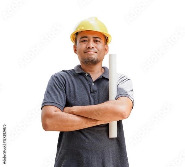 Fototapeta Smiling young construction worker wearing a helmet and safety gear.  Isolated from white background.