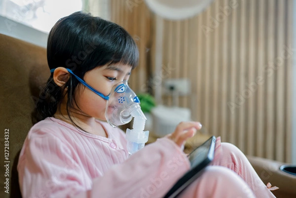 Fototapeta Girl using Oxygen breathing machine at home smile and surprice. Breathing device for asthma and coronavirus. Woman have problem with lungs	