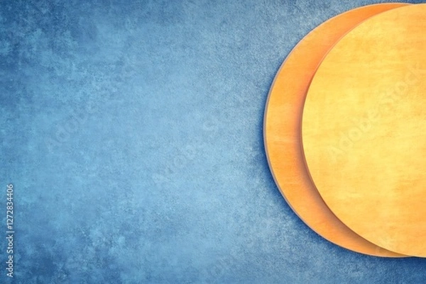 Fototapeta Warm yellow circles gently rest on cool blue textured background. AI Generated