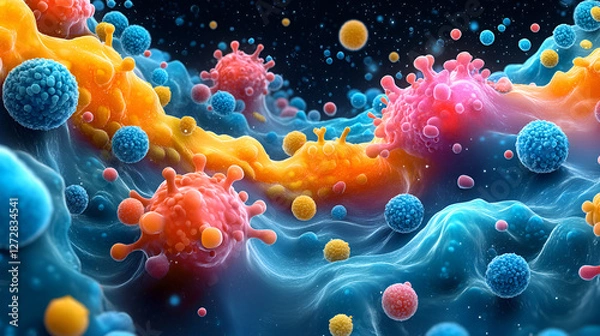 Fototapeta Microscopic world of bacterial cells, psychedelic landscape, liquid art, microbiome