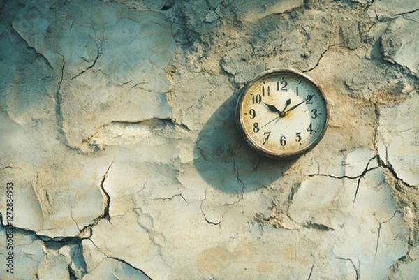 Obraz Dementia risk visualized by a clock with faded numbers on a cracked wall. Featuring vintage textures and warm tones