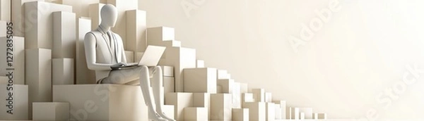 Fototapeta Enhancing legal research law firms utilize ai for document analysis in today's digital landscape represented by a minimalist scene featuring a figure seated on geometric blocks