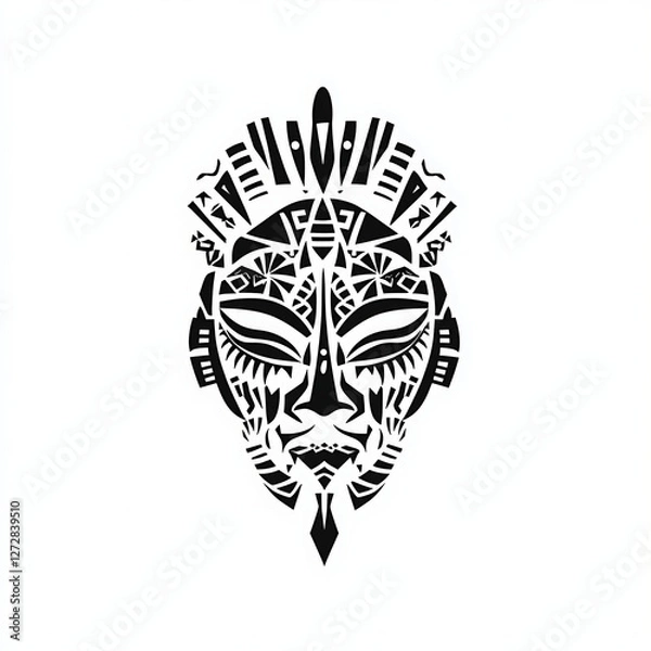 Obraz Stylized Tribal Mask Design Black Silhouette on White Backdrop Expressing Cultural Identity.