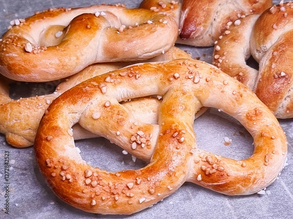 Obraz Freshly made salty pretzels at closeup on waxed paper over baking tray