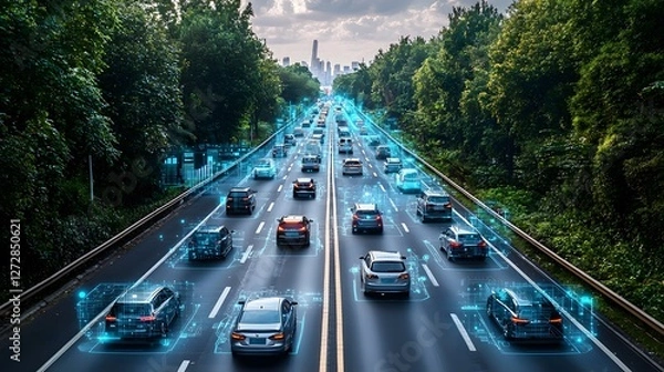 Obraz Autonomous Vehicles on Smart Highway Connected Cars Future Transportation Technology
